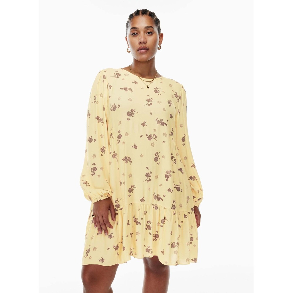 Aritzia Wilfred Lambrusco Mini Dress Woodblock Stamp Yellow Floral S NEW
